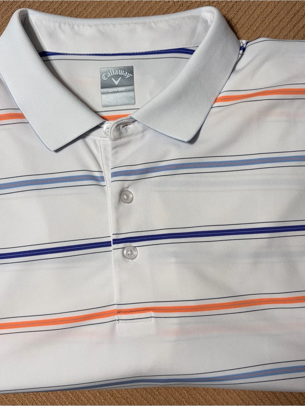 Callaway White Polo with Blue and Orange Stripes Performance Golf Polo